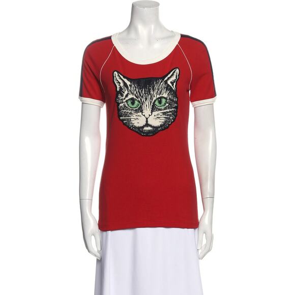 Gucci Red Mystic Cat Feline Short Sleeve T-Shirt Shirt Top Blouse Size XS - Picture 1 of 8